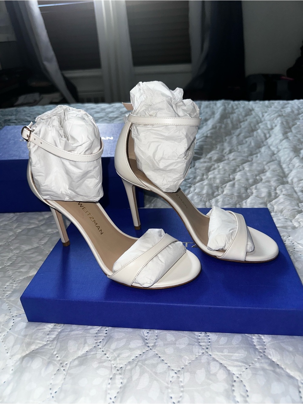 Stuart Weitzman Cream/White Open-Toe Ankle-Strap Stiletto Sandals